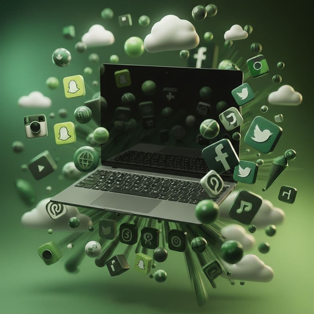 A person using a laptop with various social media icons floating around it.